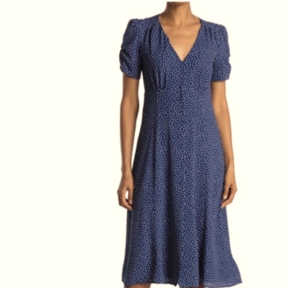 Sage Collective Dresses & Skirts - Sage Collective Crepe Midi Dress Blue Button Up V neck Ruched